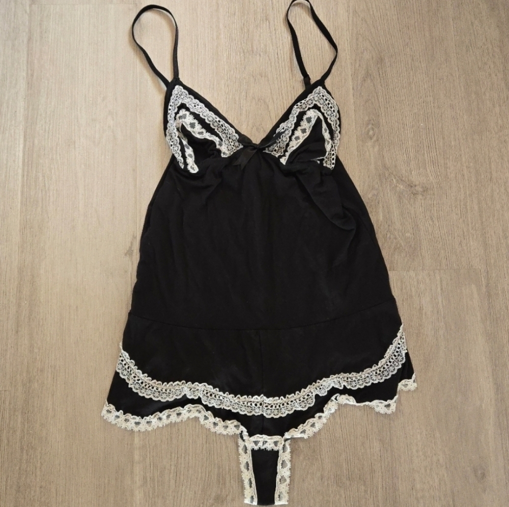 Victoria's Secret SEXY LITTLE THINGS Black Modal Lace Trim Teddy Outfit, SIZE M